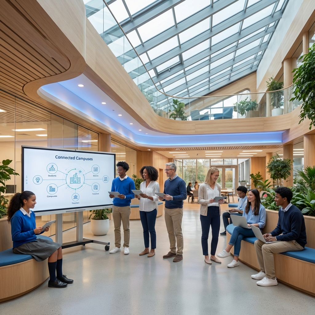 Modern university campus with graduates